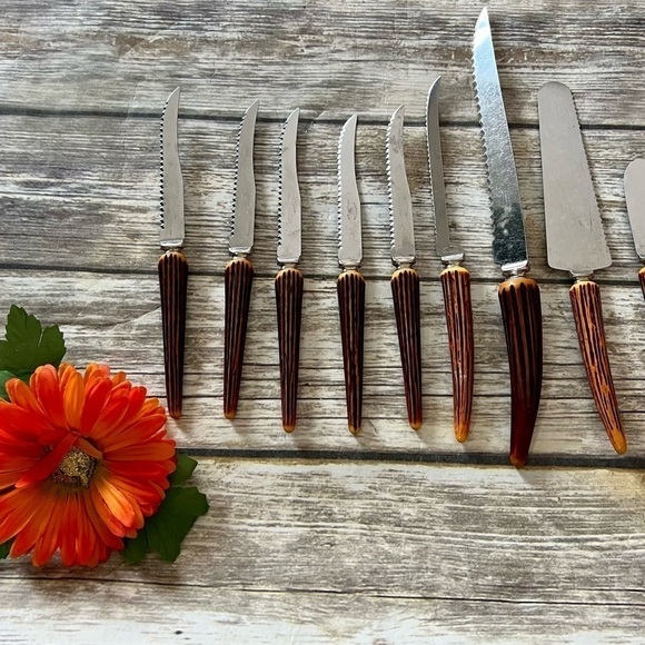 🌿E PARKER & SONS BAKELITE ANTLER KNIVES AND SERVING SET - Picture 1 of 12